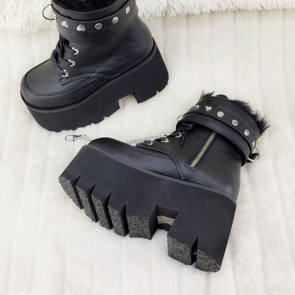 Goth Punk Platform Ankle Boots Furry Chain Cuff 57 - Picture 5 of 16